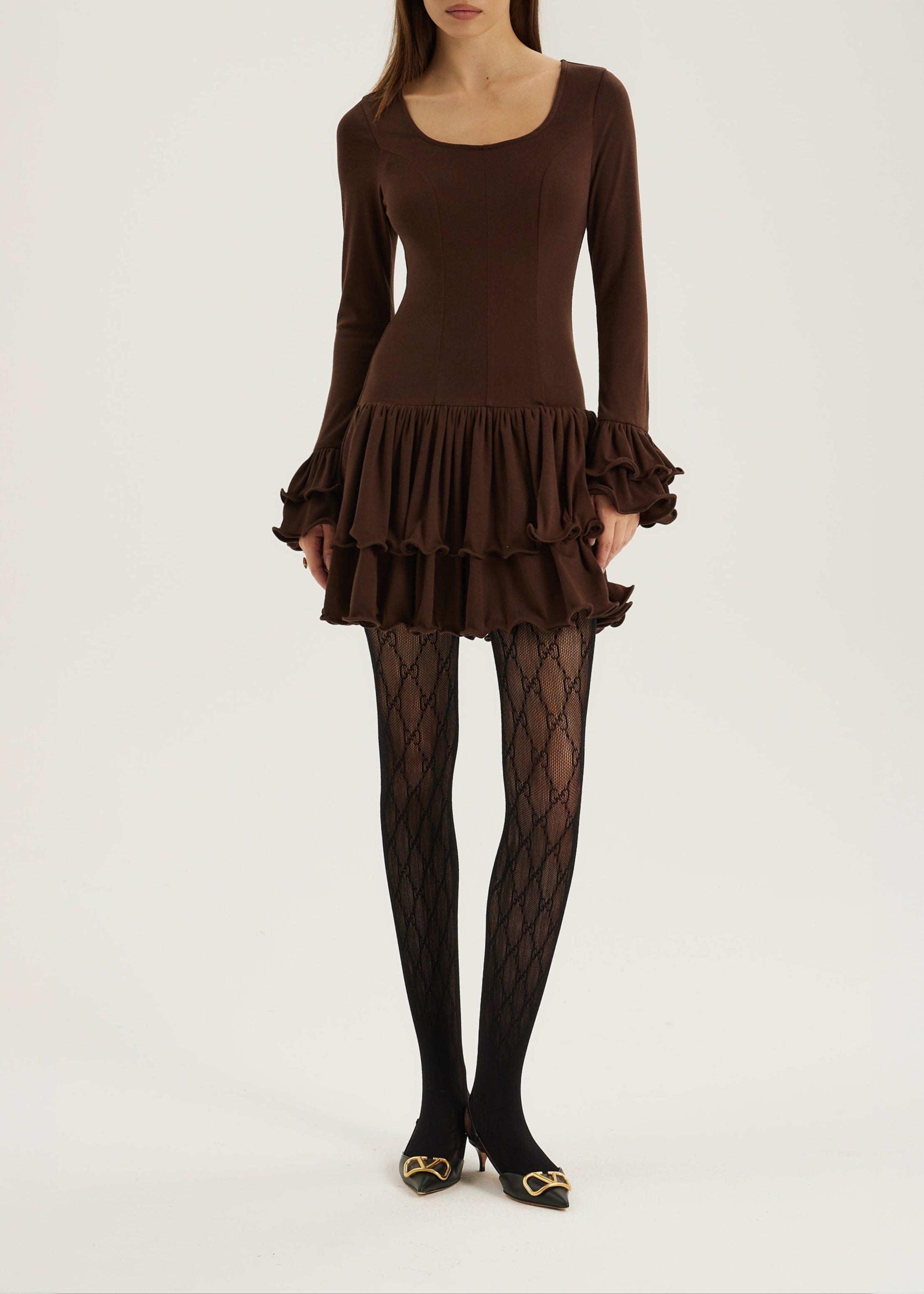 Karolina Jersey Ruffle & Frill Elevate Dress | Chocolate
