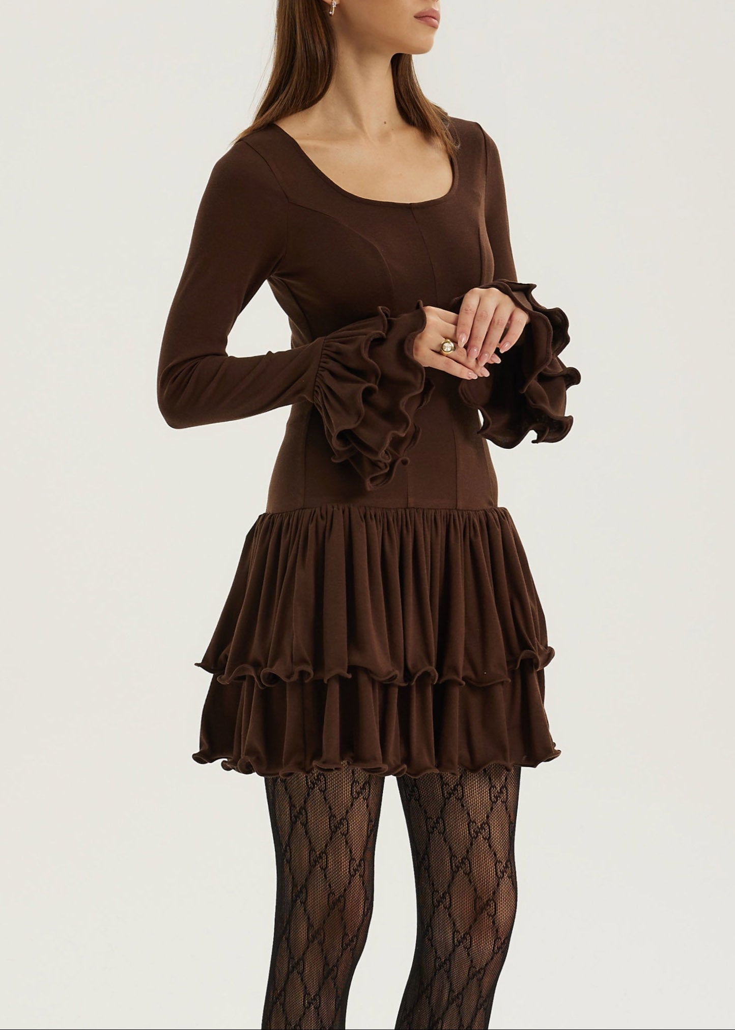 Karolina Jersey Ruffle & Frill Elevate Dress | Chocolate
