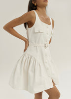 Keely Side Peplum Belted Denim Dress | White