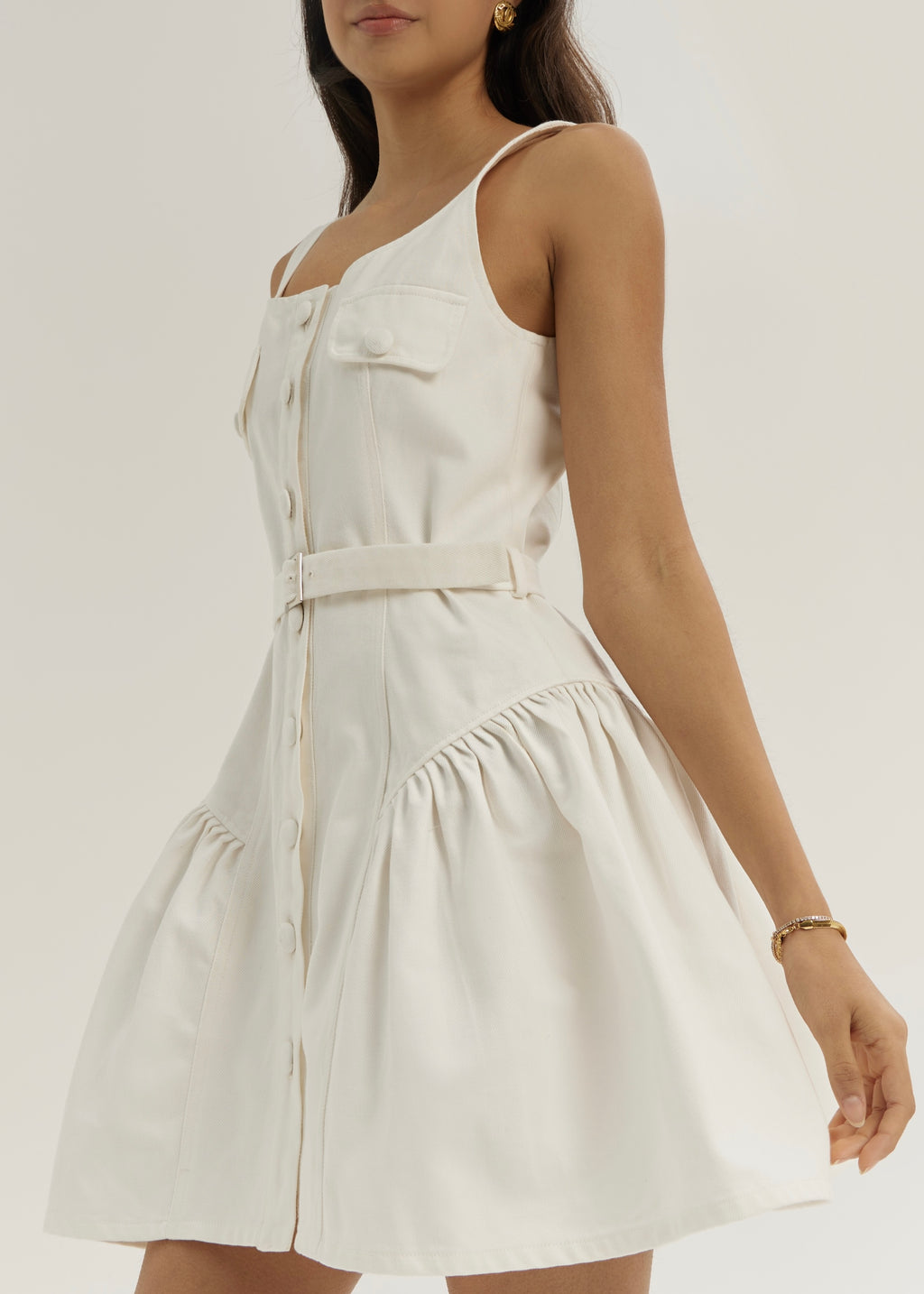 Keely Side Peplum Belted Denim Dress | White
