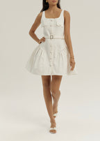 Keely Side Peplum Belted Denim Dress | White