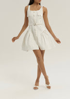 Keely Side Peplum Belted Denim Dress | White