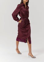 Kristina Satin & Lace Trim Shirt Dress | Burgundy