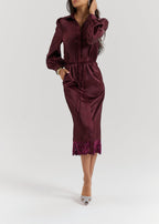 Kristina Satin & Lace Trim Shirt Dress | Burgundy