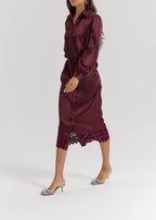 Kristina Satin & Lace Trim Shirt Dress | Burgundy