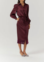 Kristina Satin & Lace Trim Shirt Dress | Burgundy