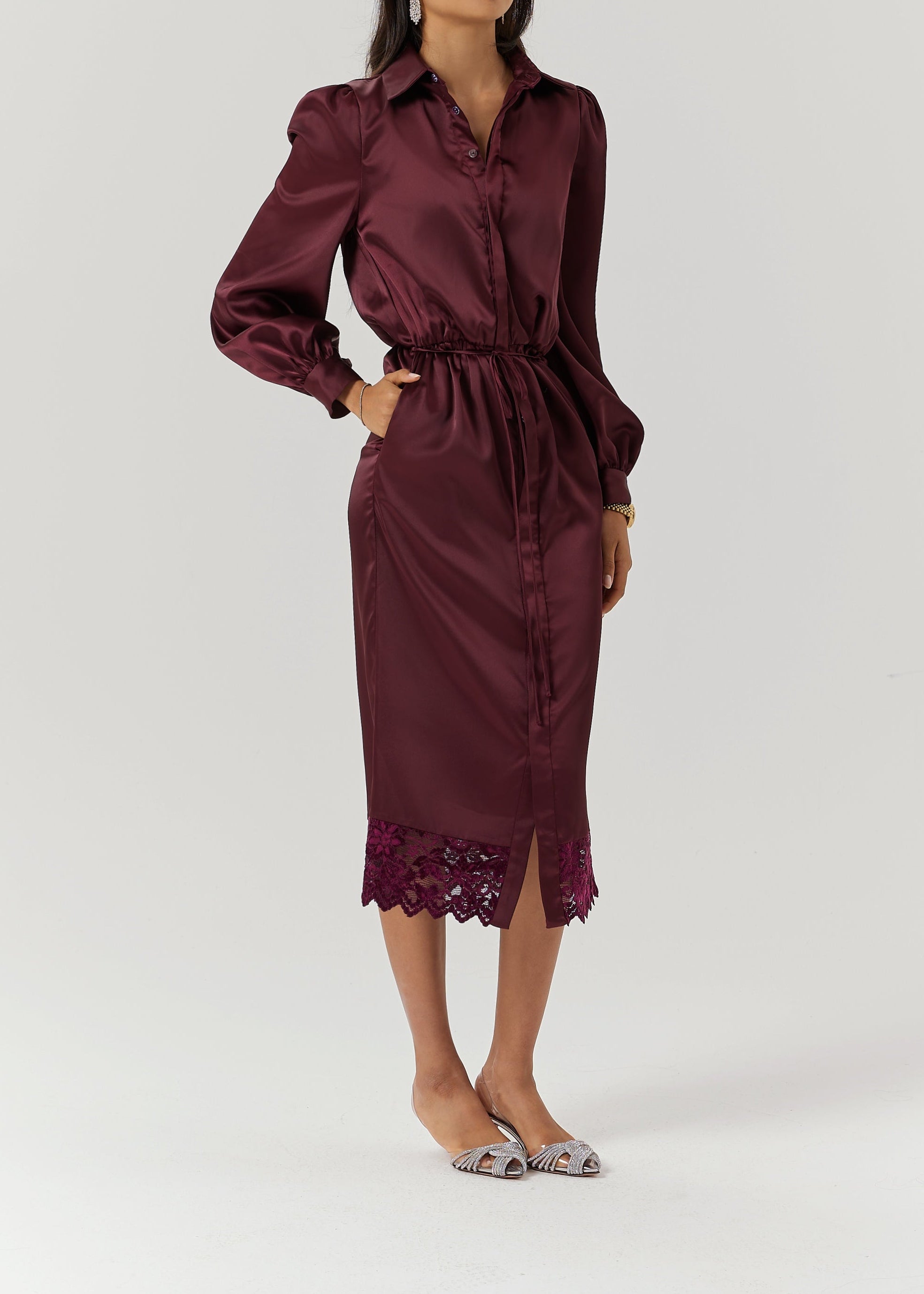 Kristina Satin & Lace Trim Shirt Dress | Burgundy