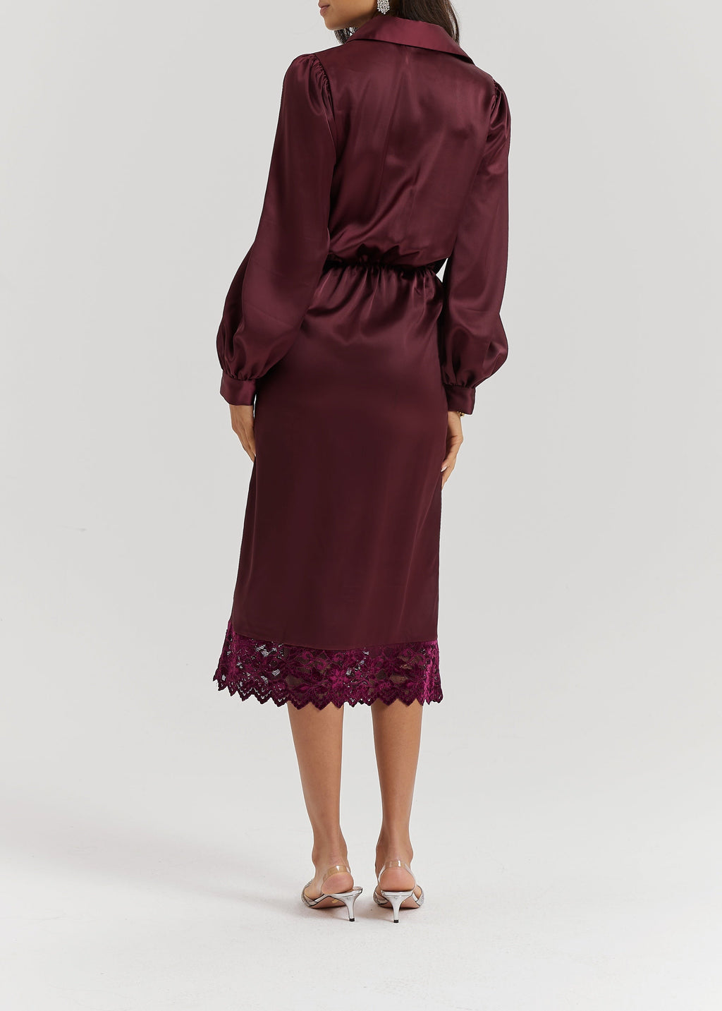 Kristina Satin & Lace Trim Shirt Dress | Burgundy
