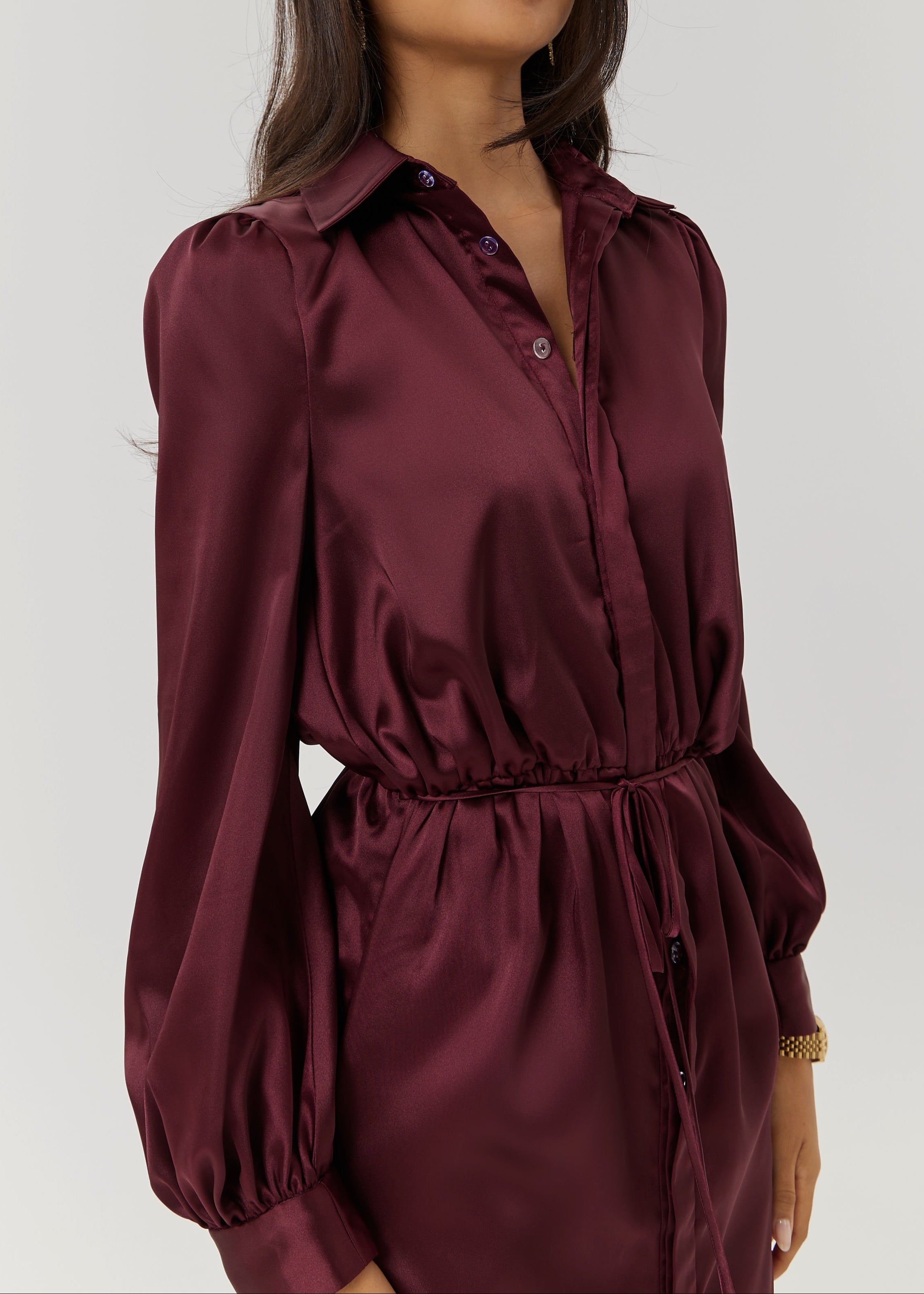 Kristina Satin & Lace Trim Shirt Dress | Burgundy