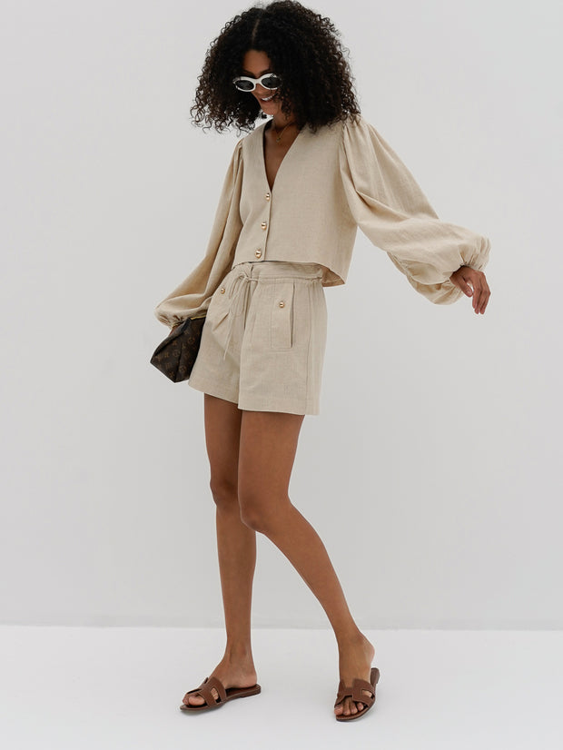 Kaia Gold Button Linen Day Shorts | Sand