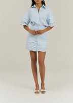 Leonie Wave Hem Linen Skirt | Pastel Blue/White