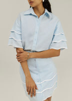 Leonie Wave Hem Linen Skirt | Pastel Blue/White