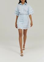 Leonie Wave Hem Linen Skirt | Pastel Blue/White