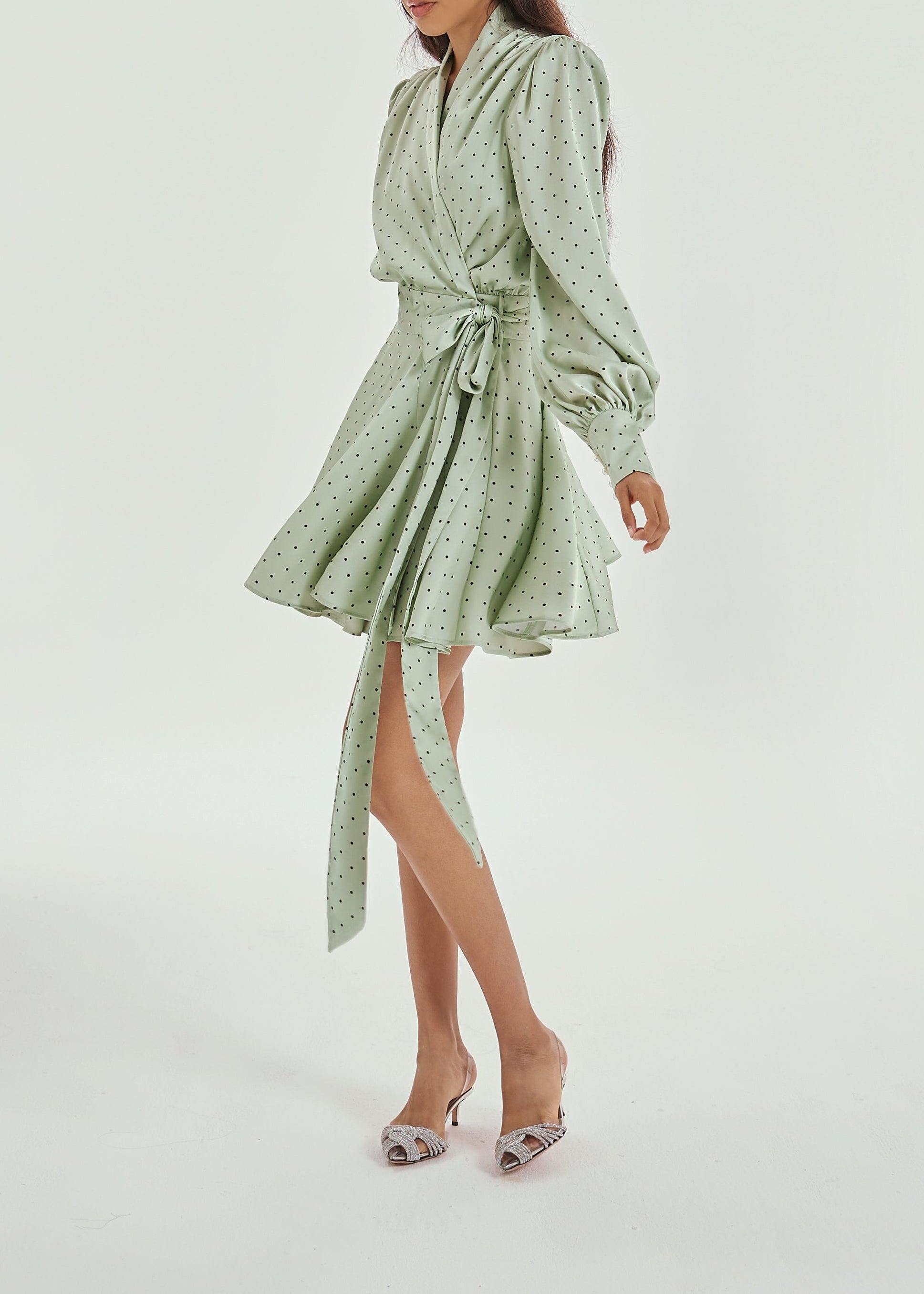 Lissa Polka Dot Tie Wrap Dress | Matcha/Black