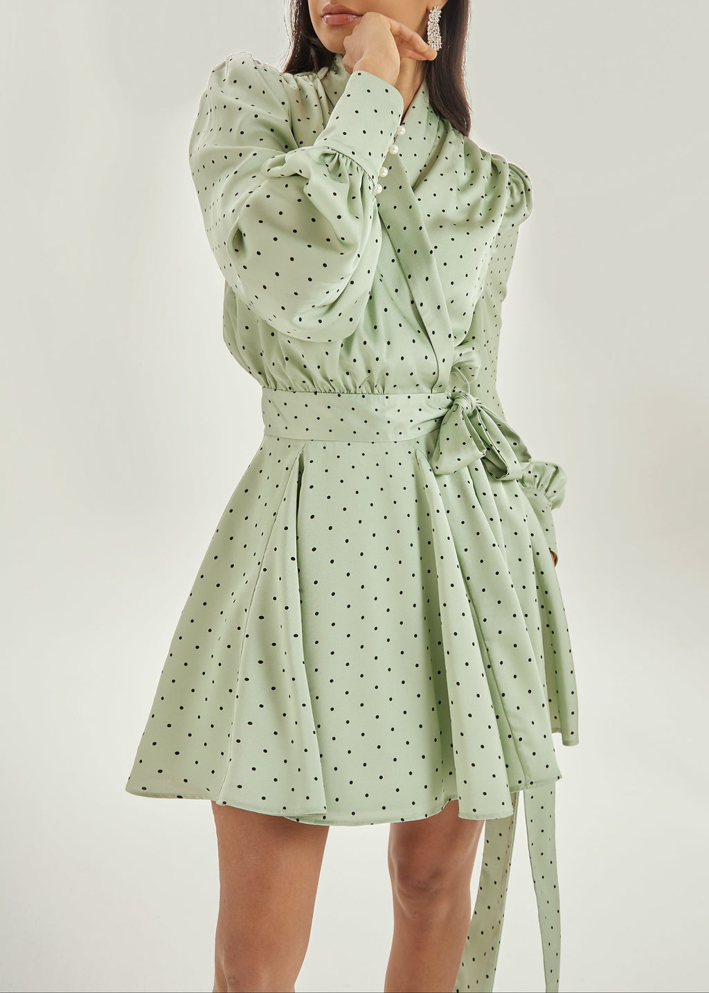 Lissa Polka Dot Tie Wrap Dress | Matcha/Black