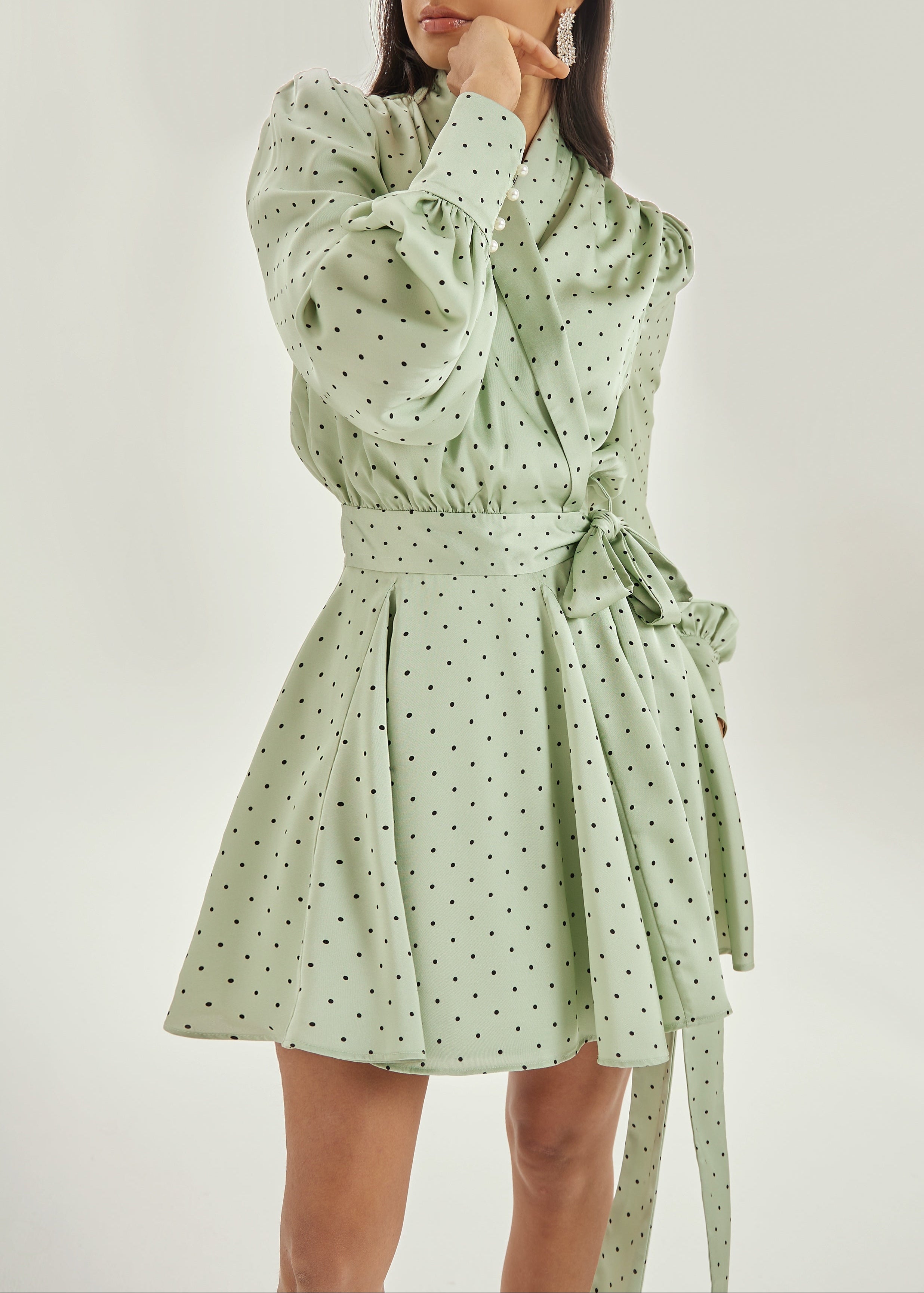 Lissa Polka Dot Tie Wrap Dress | Matcha/Black