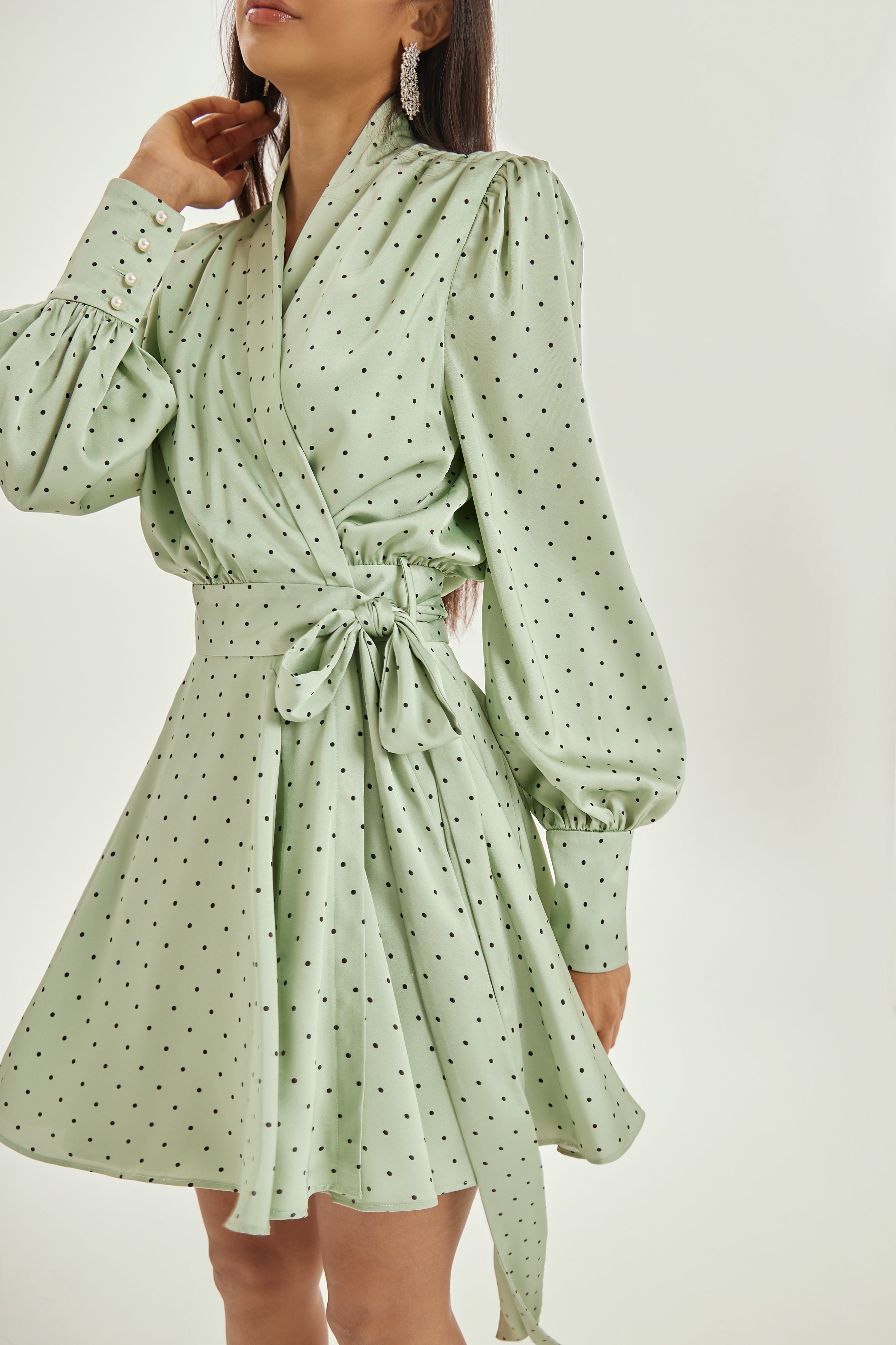 Lissa Polka Dot Tie Wrap Dress | Matcha/Black