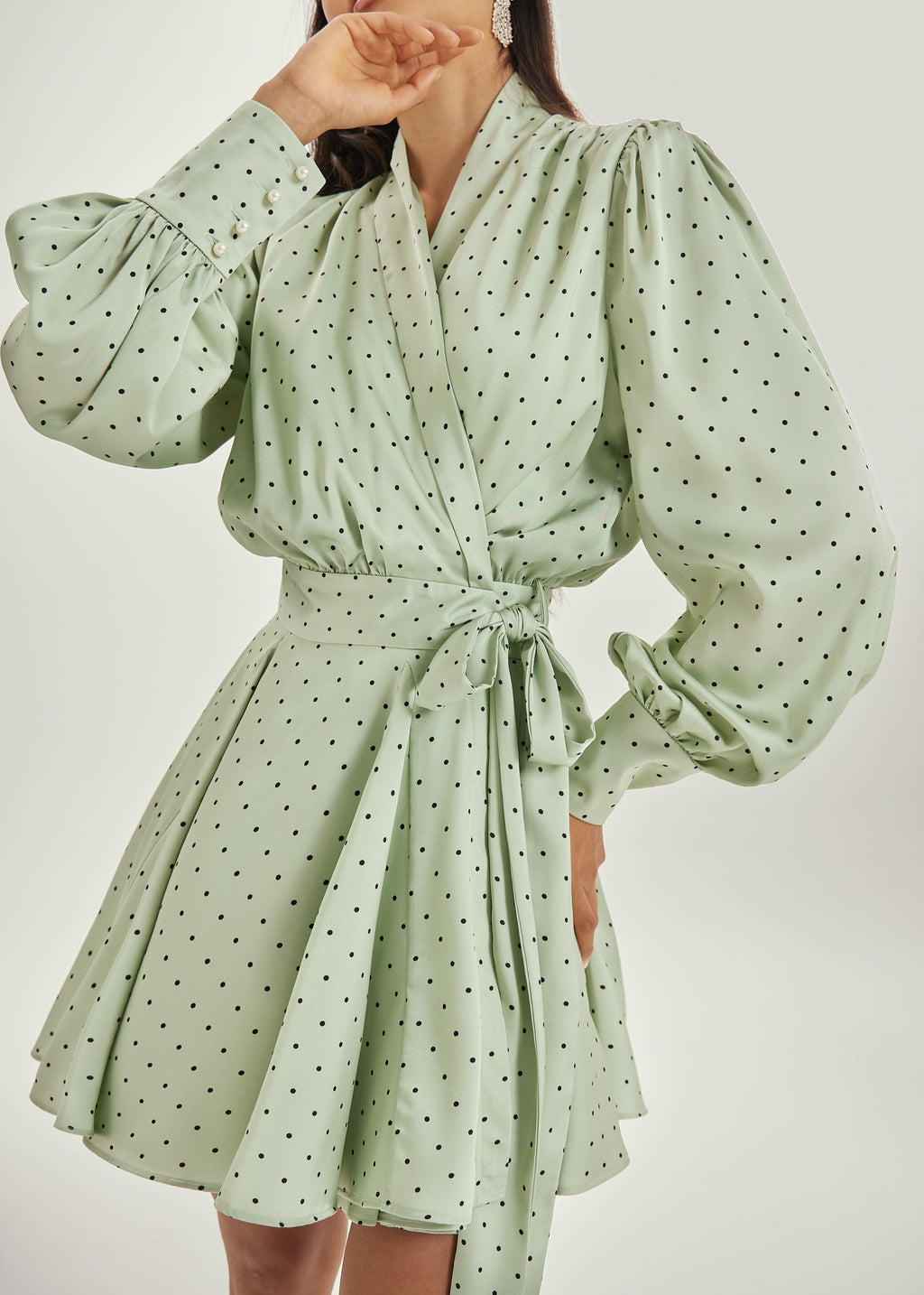 Lissa Polka Dot Tie Wrap Dress | Matcha/Black