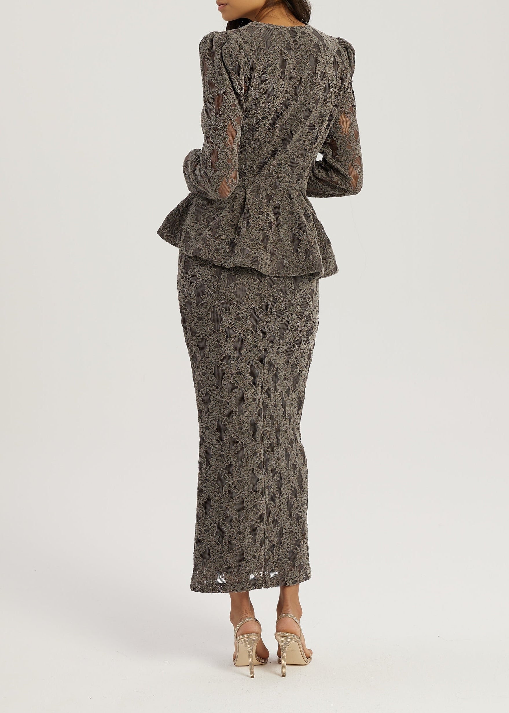 Lorella Velvet & Lace Pencil Skirt | Grey