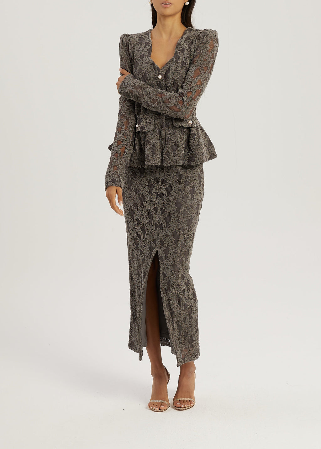 Lorella Velvet & Lace Pencil Skirt | Grey