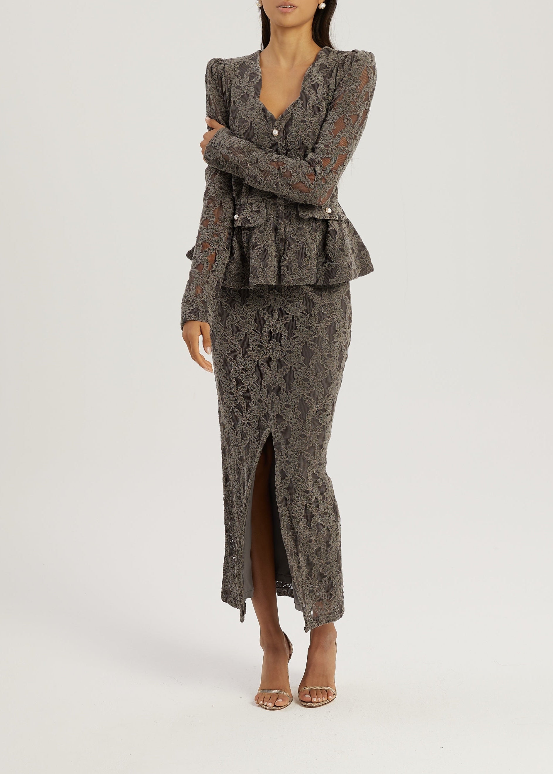 Lorella Velvet & Lace Pencil Skirt | Grey