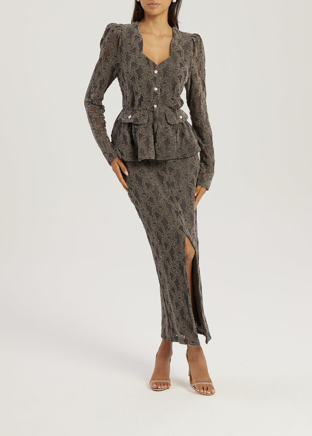 Lorella Velvet & Lace Pencil Skirt | Grey