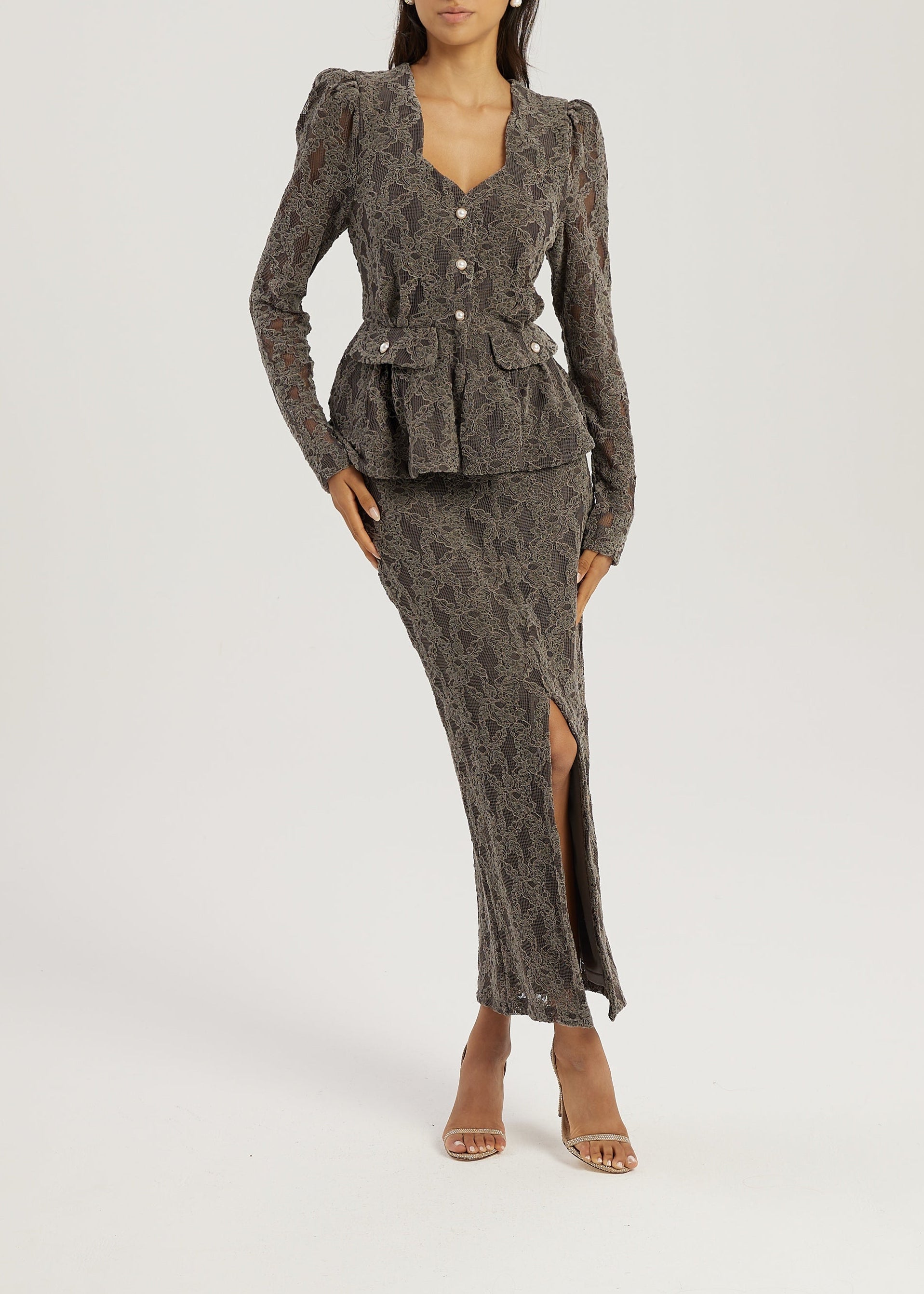 Lorella Velvet & Lace Pencil Skirt | Grey