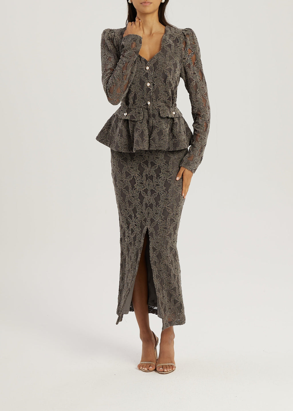 Lorella Velvet & Lace Peplum Blouson | Grey
