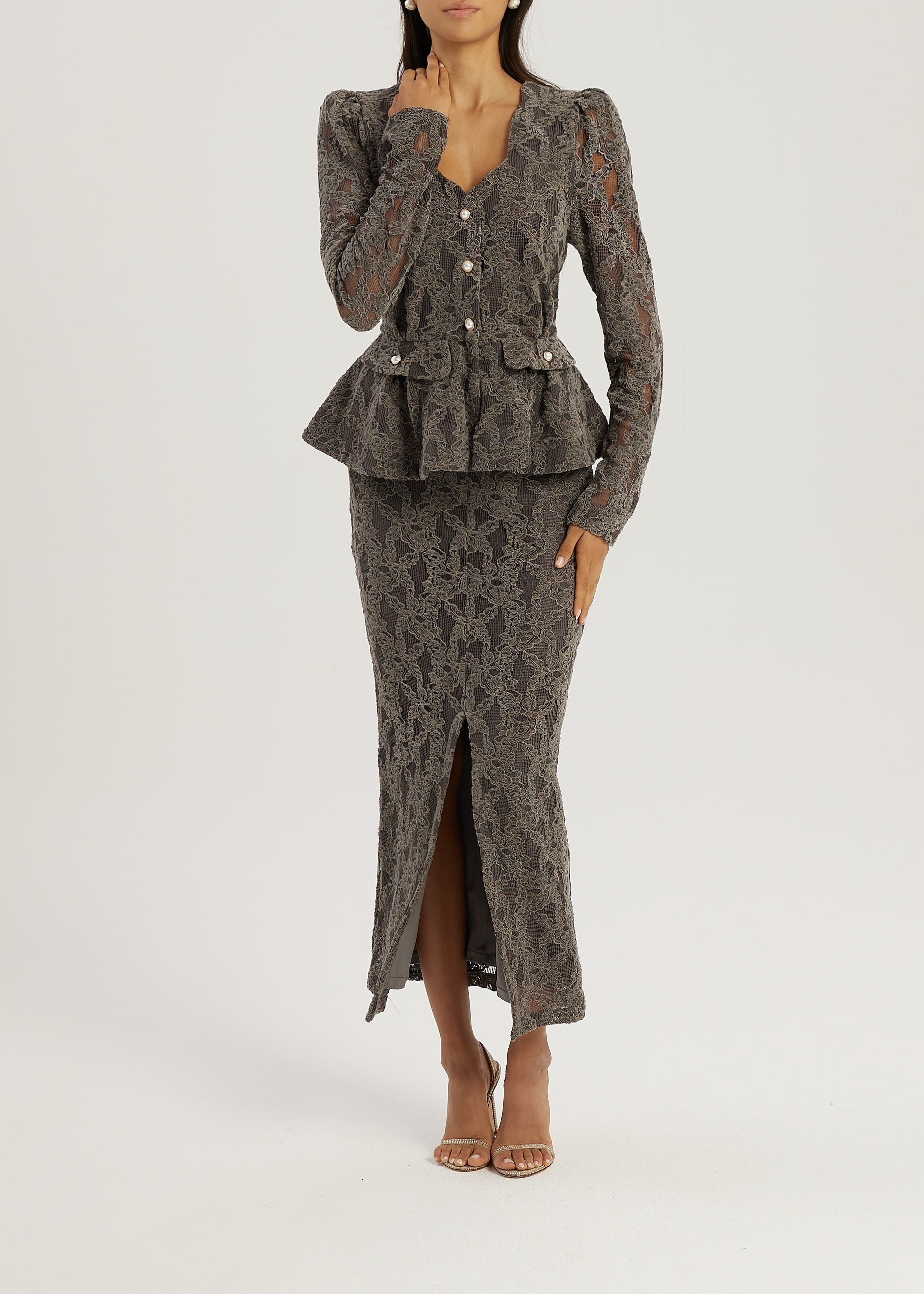 Lorella Velvet & Lace Peplum Blouson | Grey