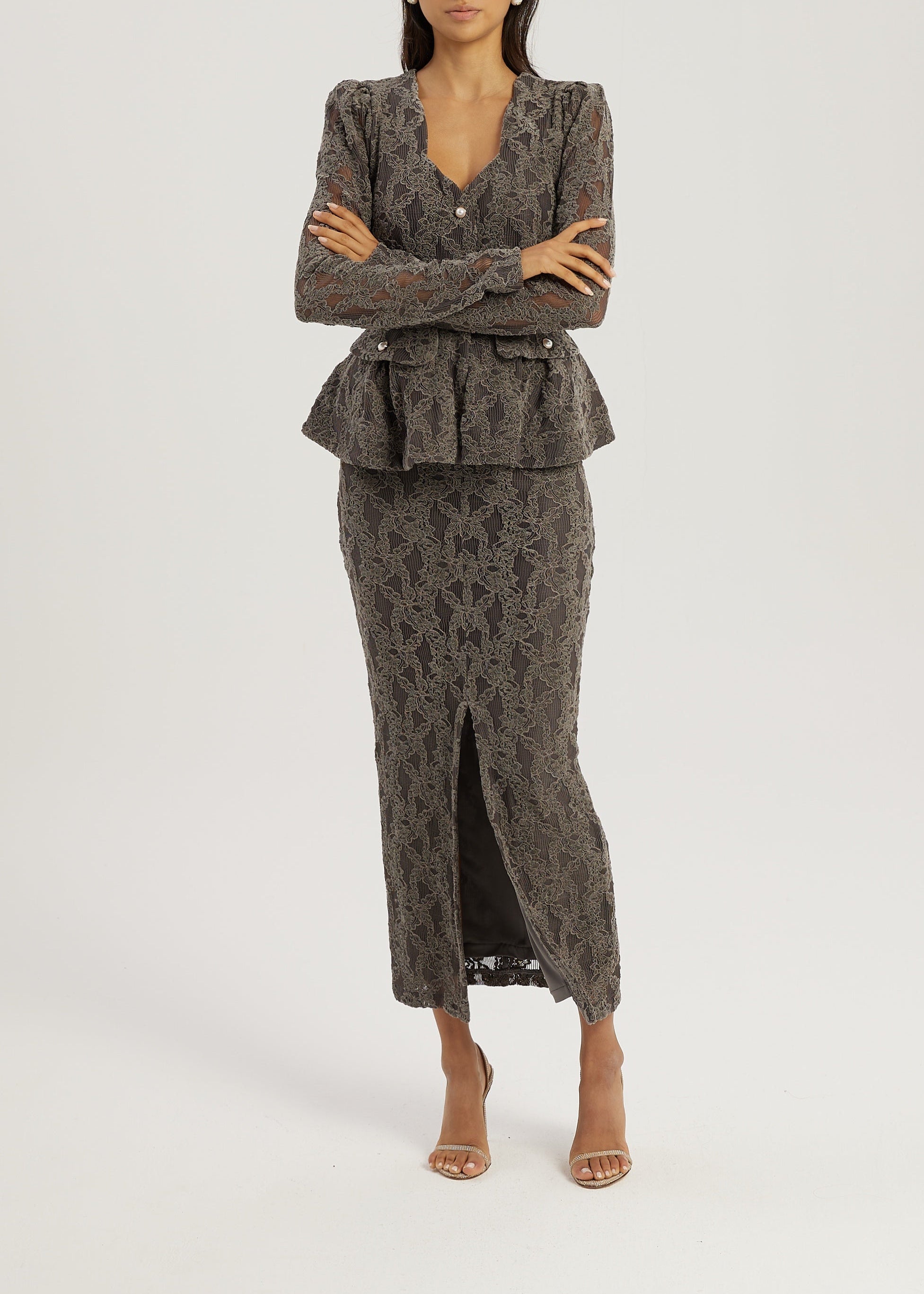 Lorella Velvet & Lace Peplum Blouson | Grey