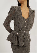 Lorella Velvet & Lace Peplum Blouson | Grey