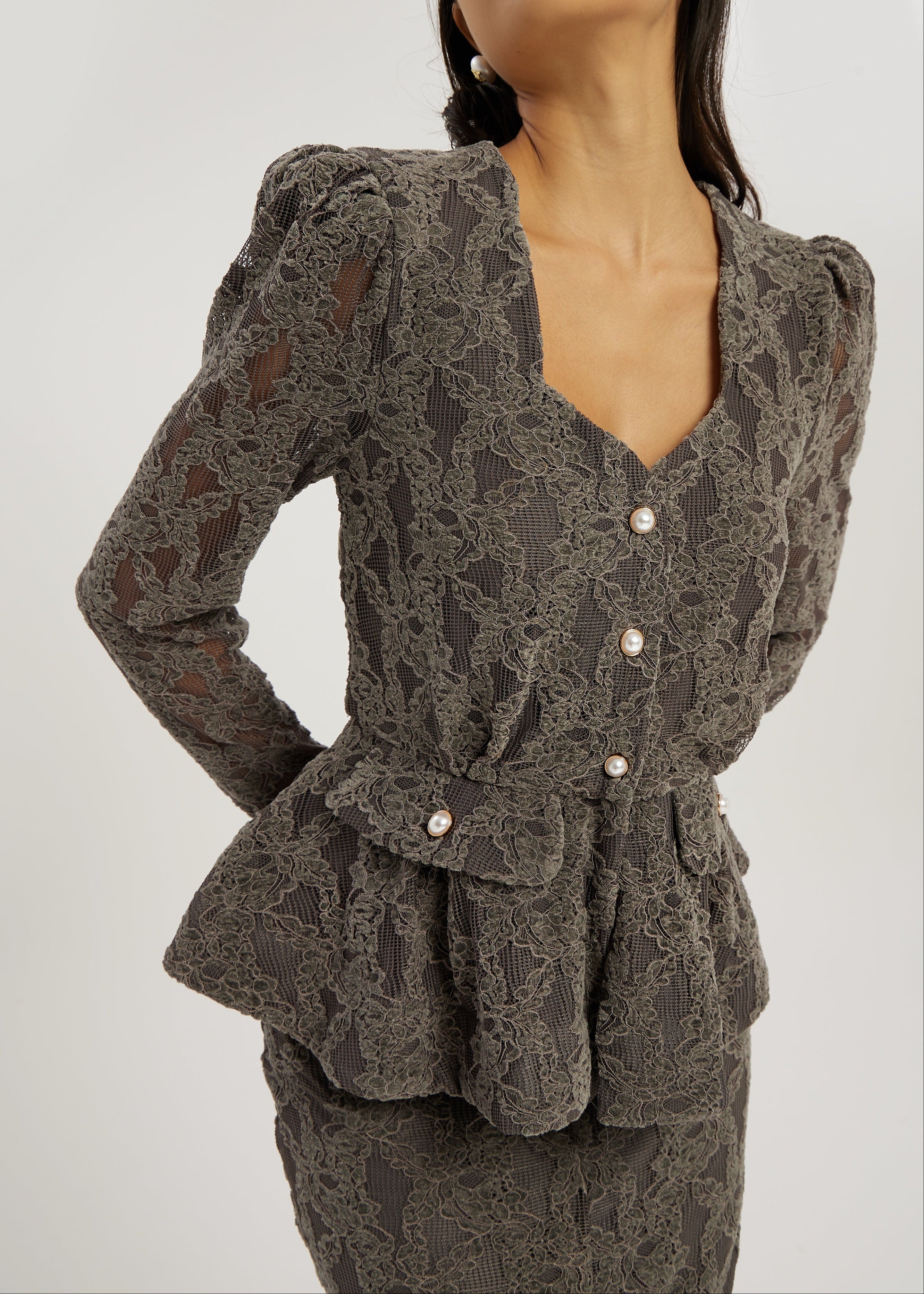 Lorella Velvet & Lace Peplum Blouson | Grey