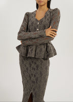 Lorella Velvet & Lace Peplum Blouson | Grey