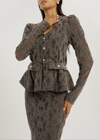 Lorella Velvet & Lace Peplum Blouson | Grey