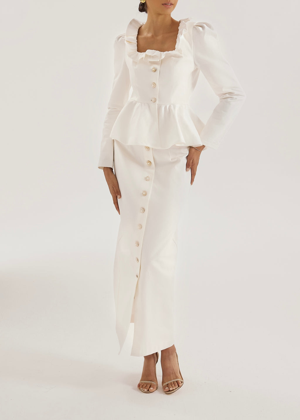 Lucia Pearl Button Denim Skirt | White