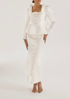 Lucia Pearl Button Denim Skirt | White