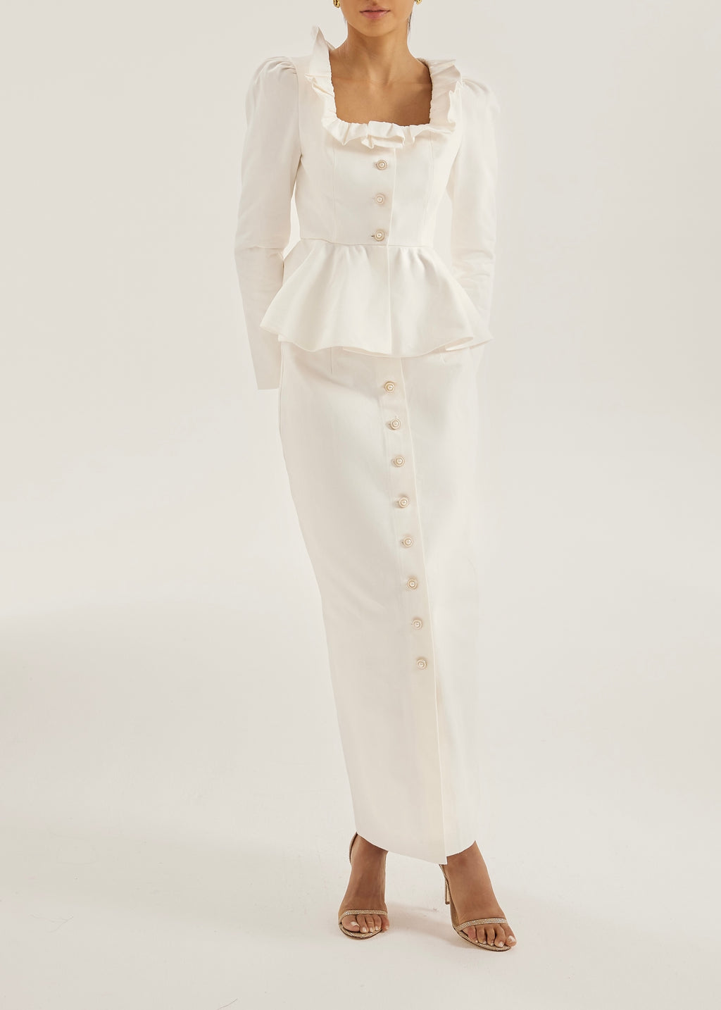 Lucia Pearl Button Denim Skirt | White