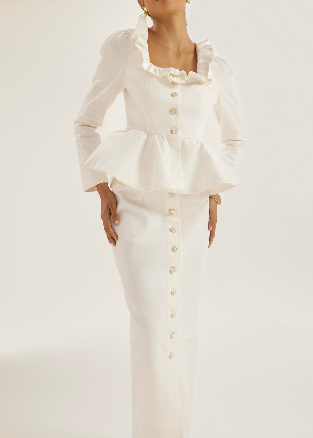 Lucia Pearl Button Denim Skirt | White