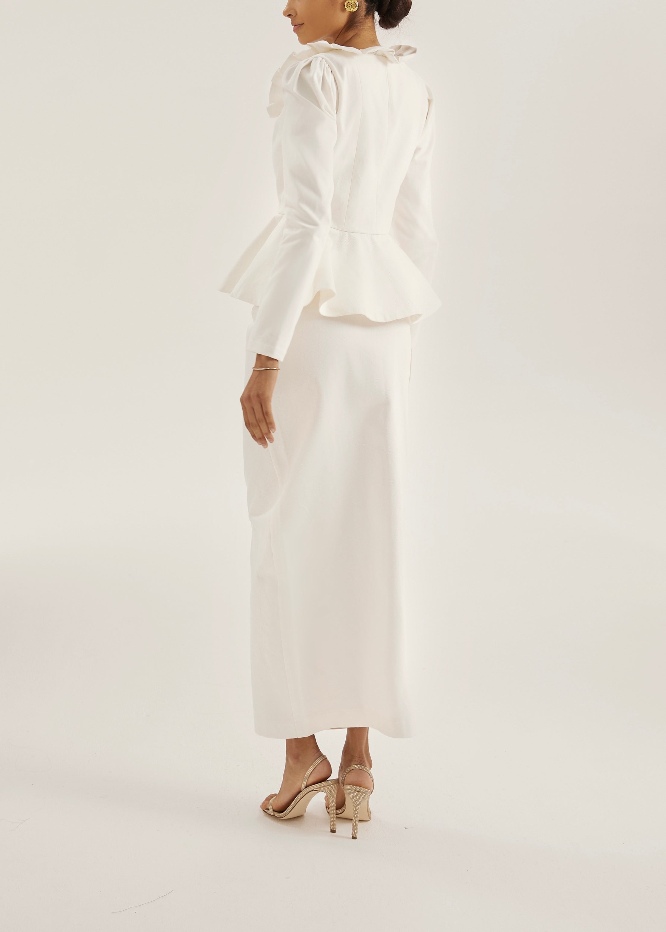 Lucia Pearl Button Denim Skirt | White