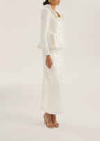 Lucia Pearl Button Denim Skirt | White