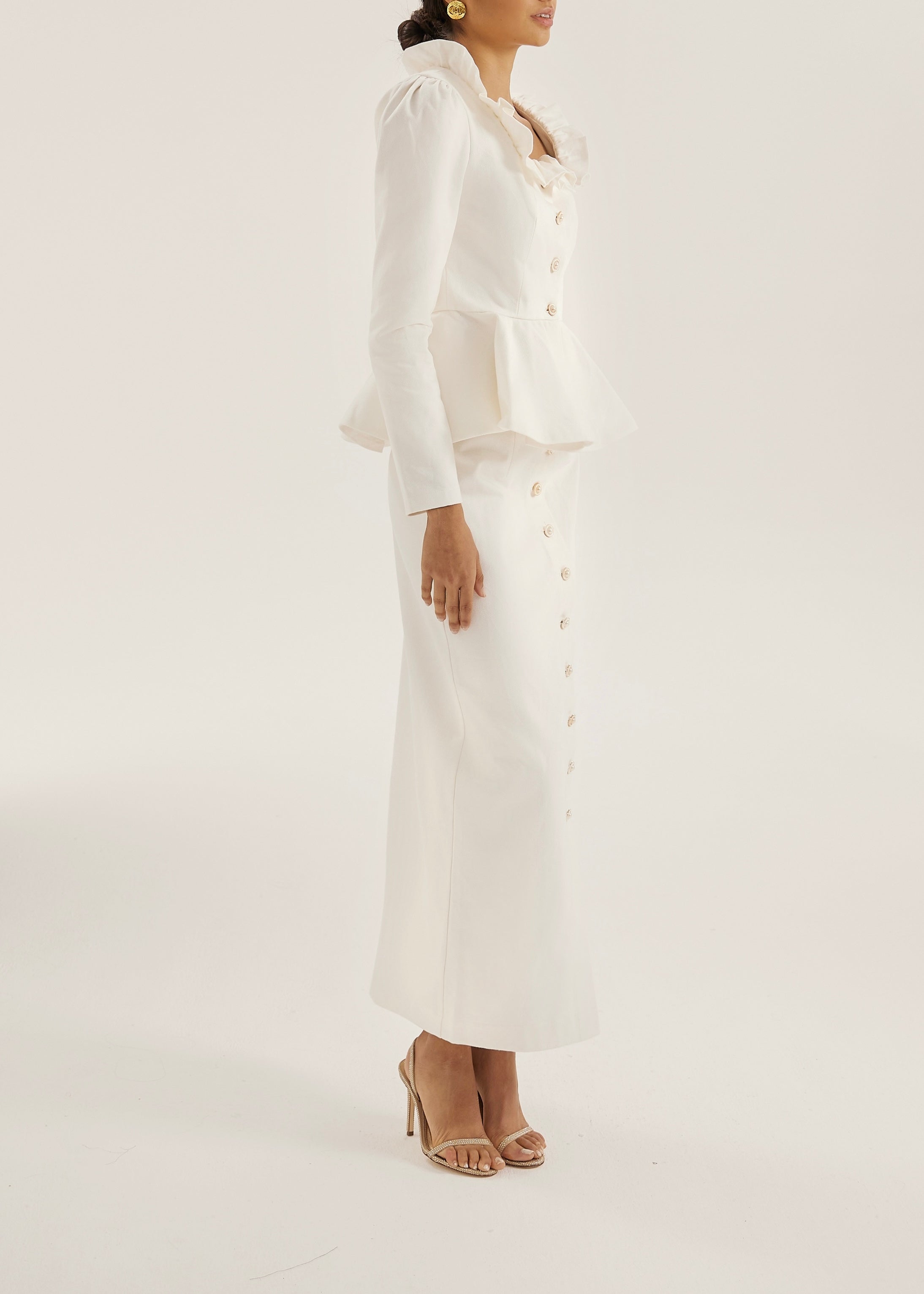 Lucia Pearl Button Denim Skirt | White