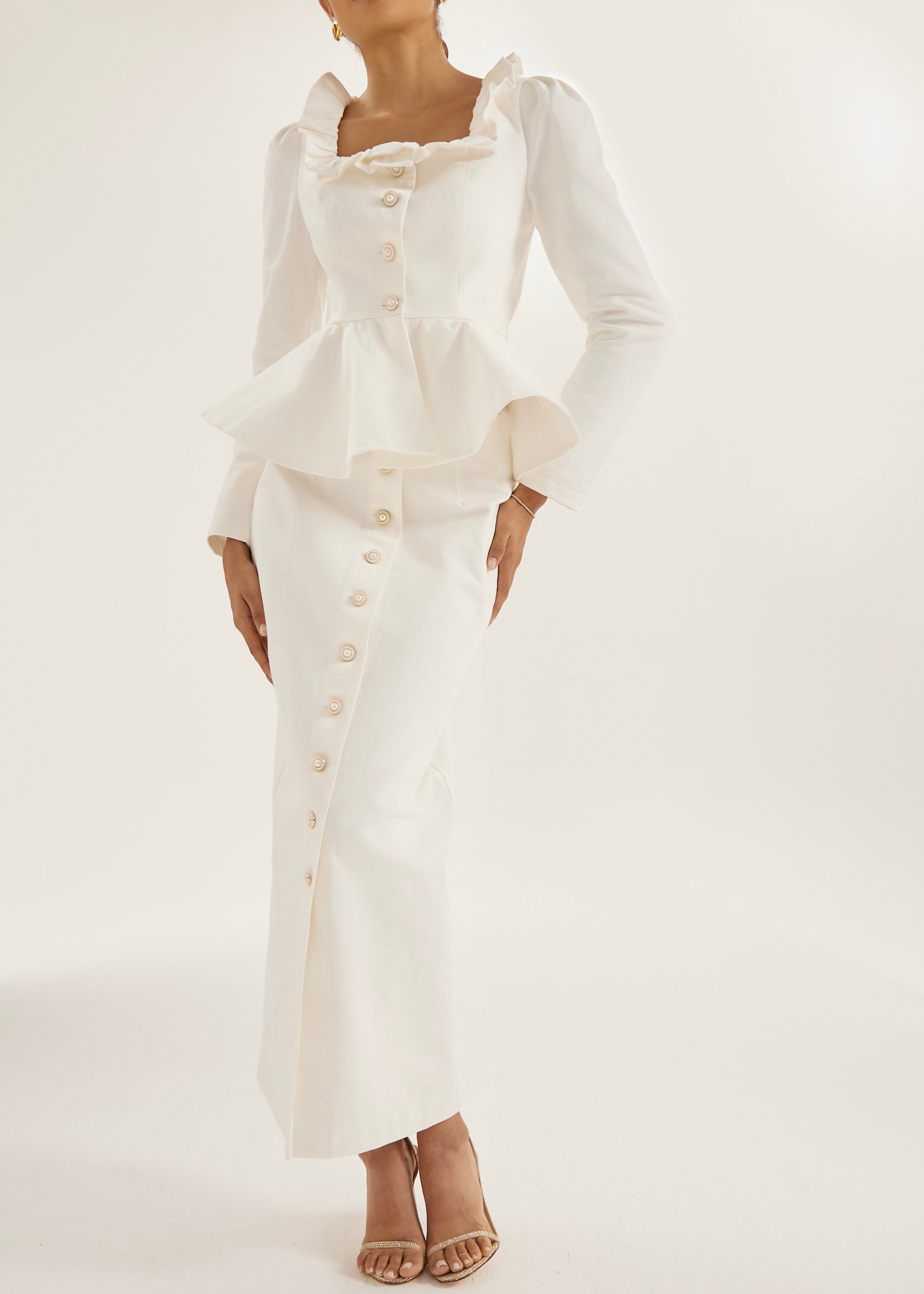 Lucia Pearl Button Denim Skirt | White