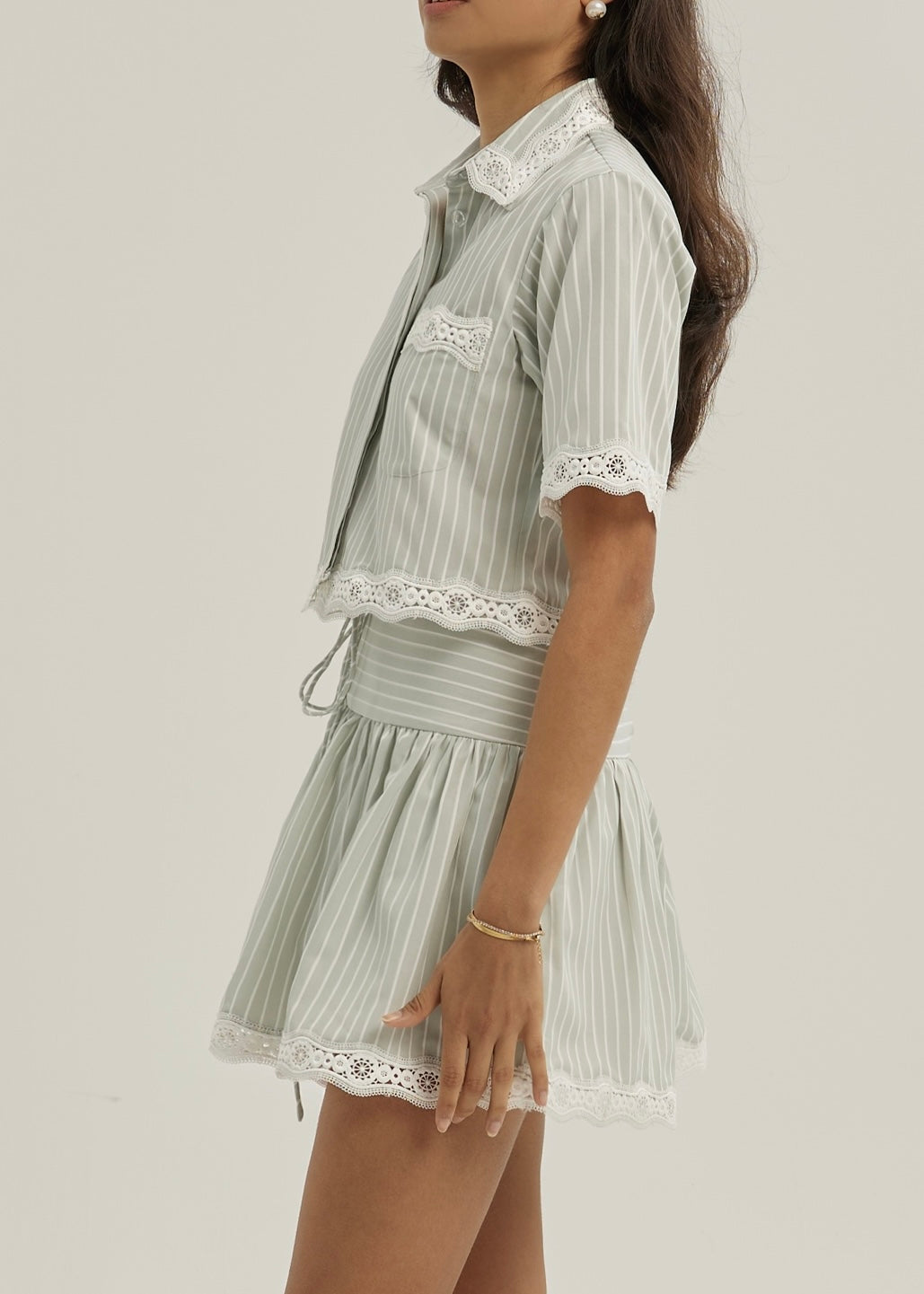 Marie Lace Trim Stripe Shirt | Matcha/White