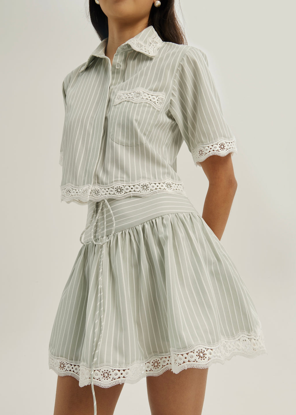 Marie Lace Trim Stripe Shirt | Matcha/White