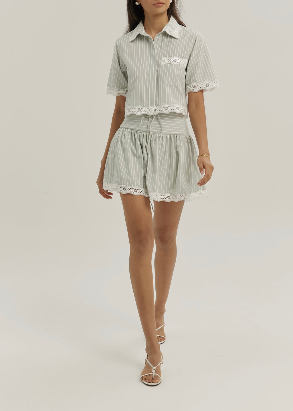 Marie Lace Trim Stripe Shirt | Matcha/White