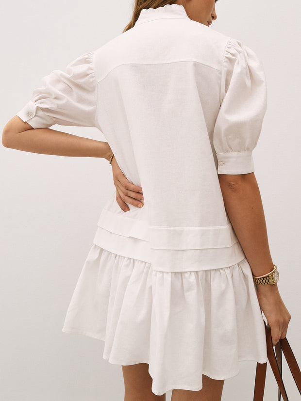 Mellania Scalloped Edge Linen Day Dress | White