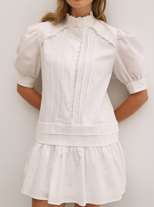 Mellania Scalloped Edge Linen Day Dress | White