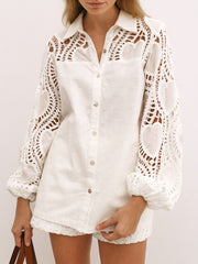 Cabana Guipure Lace & Linen Shirt | White