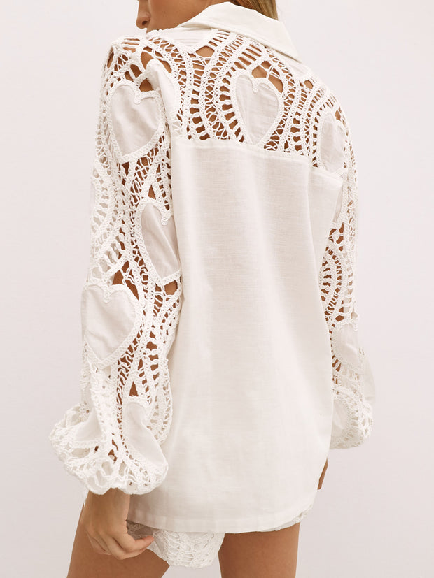 Cabana Guipure Lace & Linen Shirt | White