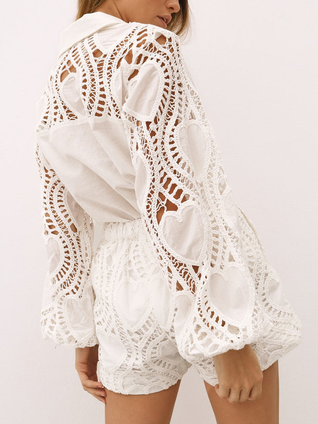 Cabana Guipure Lace & Linen Shorts | White
